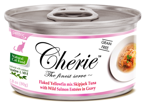 Chérie, Flaked Yellowfin mix Skipjack Tuna with Wild Salmon Entrées in Gravy (Signature Gravy Series) - 24 cans/ctn